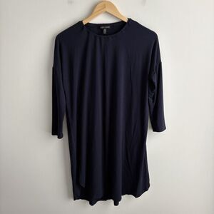 Eileen Fisher Dress XS Navy Blue 3/4 Sleeve Stretch T-Shirt Dress Elastic Neck